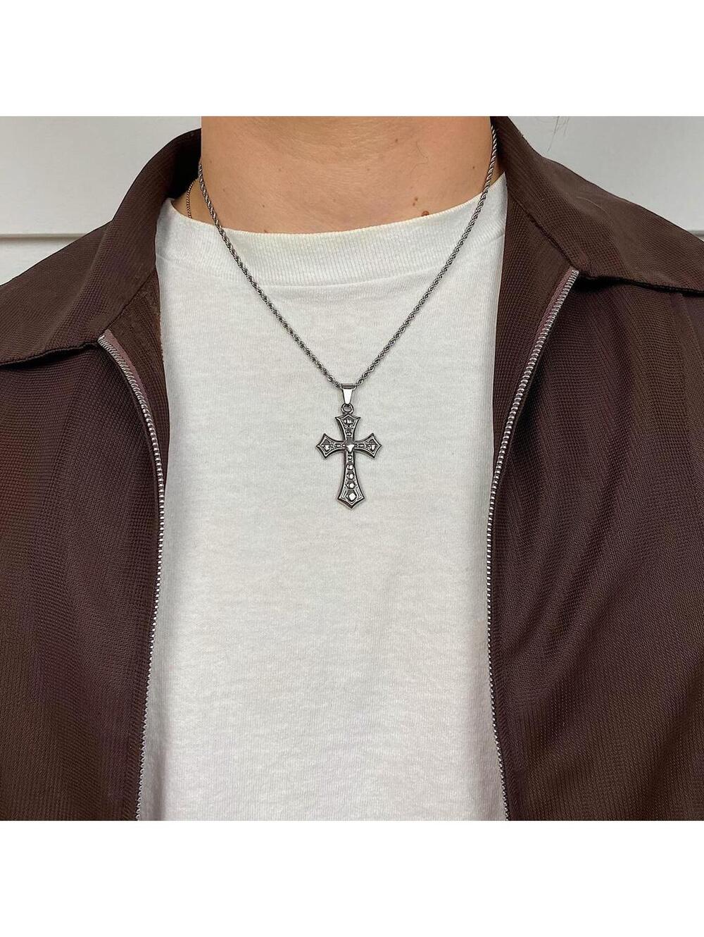 Stainless steel y2k style big gothic grunge silver cross pendant rope chain - Picture 5 of 8